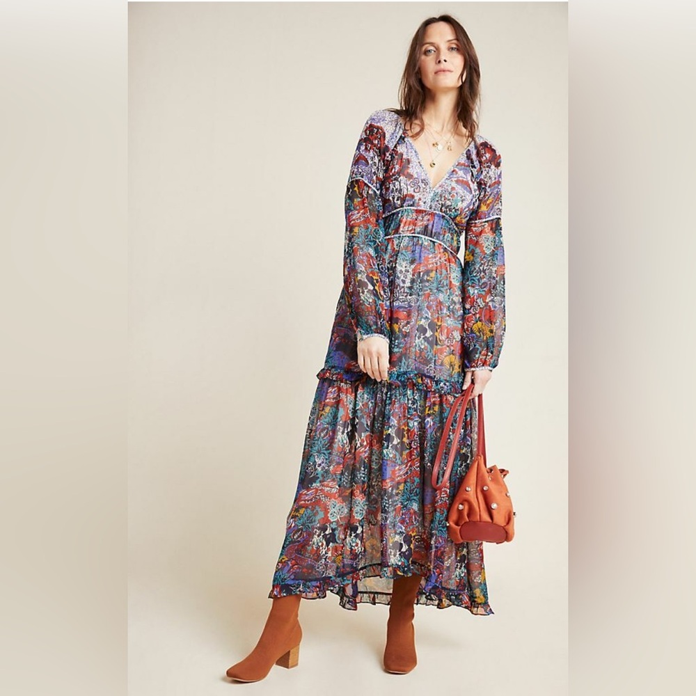 Maeve Anthropologie Annabella Maxi Tiered Dress Size 6 Boho Bohemian